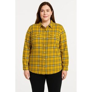 Merona Shirt Womens Size XXL Yellow ButtonUp‎ Plaid Long Sleeve Chest Pockets